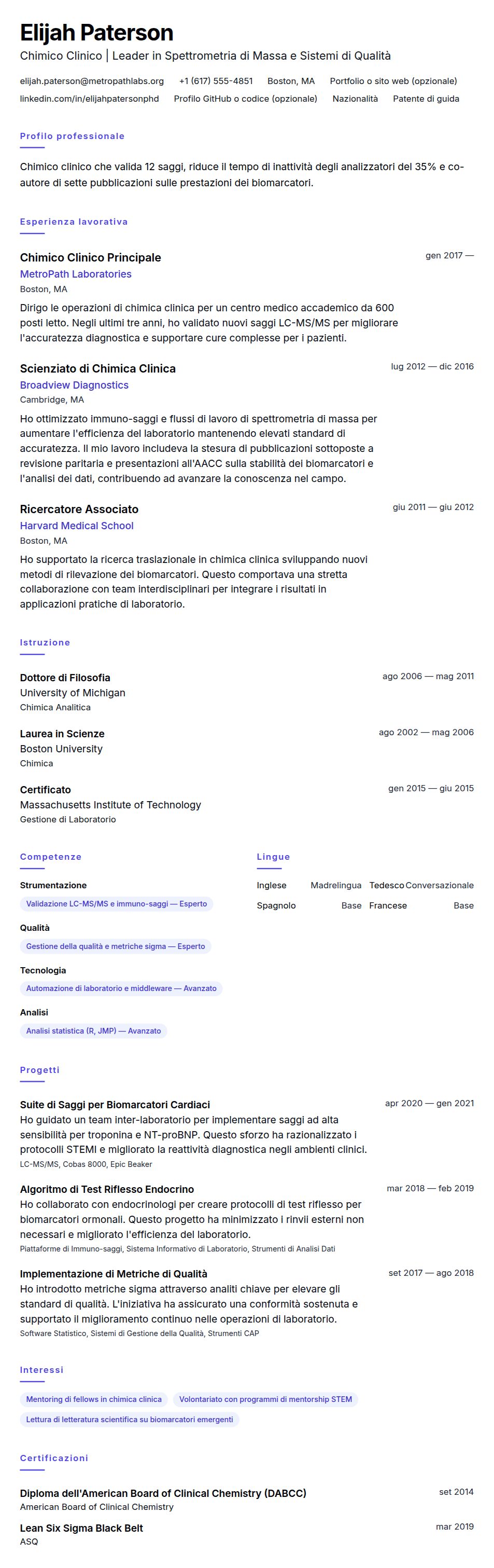 Anteprima del curriculum Esempio di Curriculum Vitae per Chimico Clinico