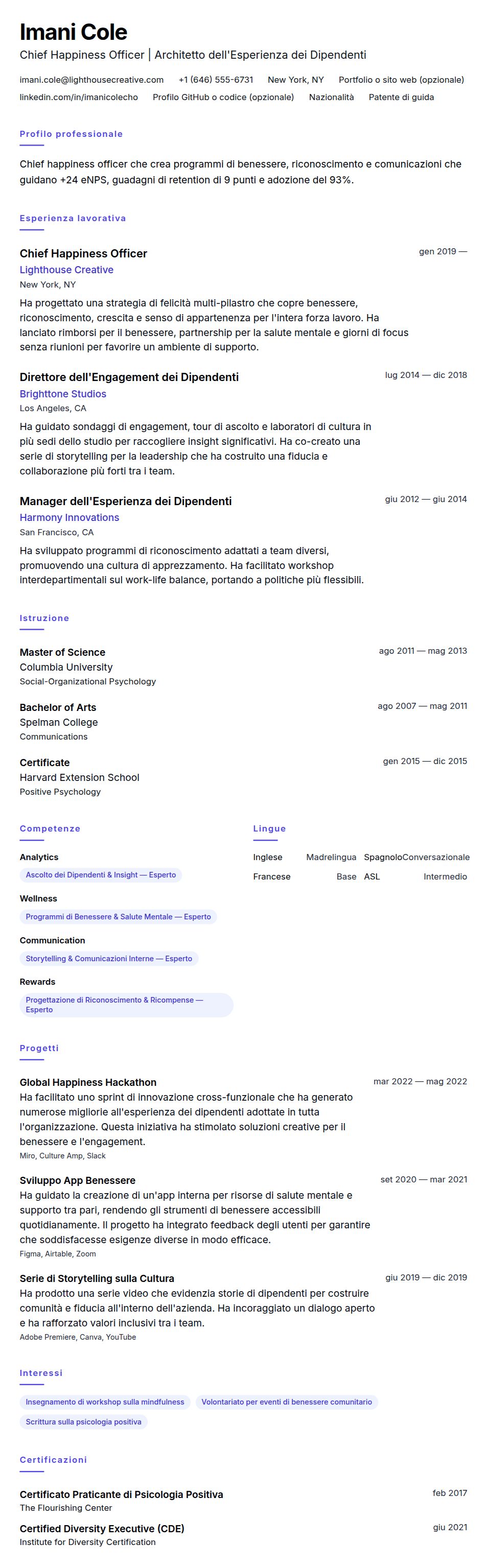 Anteprima del curriculum Esempio di Curriculum Chief Happiness Officer (CHO)