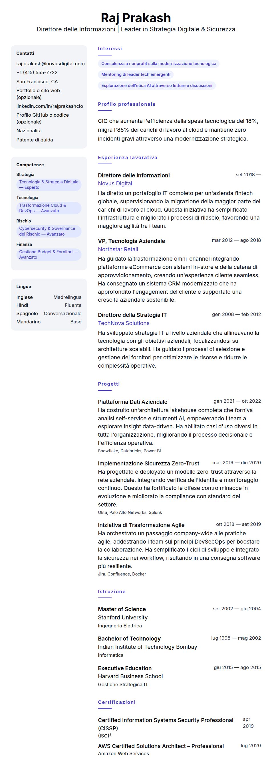 Anteprima del curriculum Esempio di Curriculum per Direttore delle Informazioni