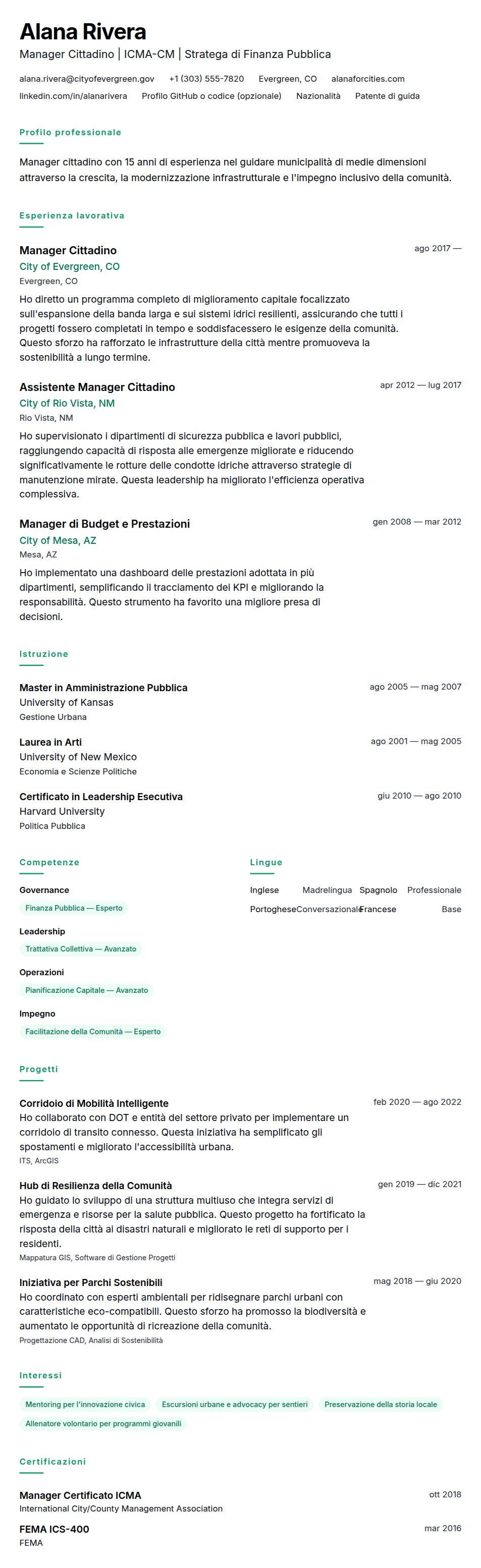 Esempio di Curriculum per Manager Cittadino