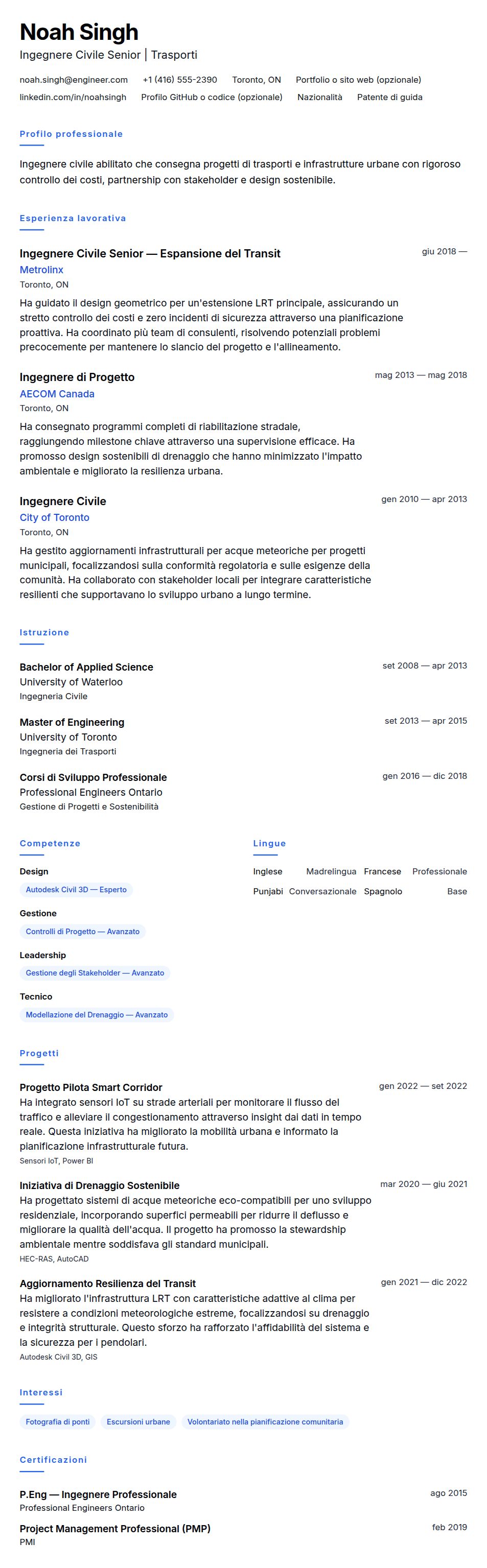 Anteprima del curriculum Esempio di Curriculum per Ingegnere Civile