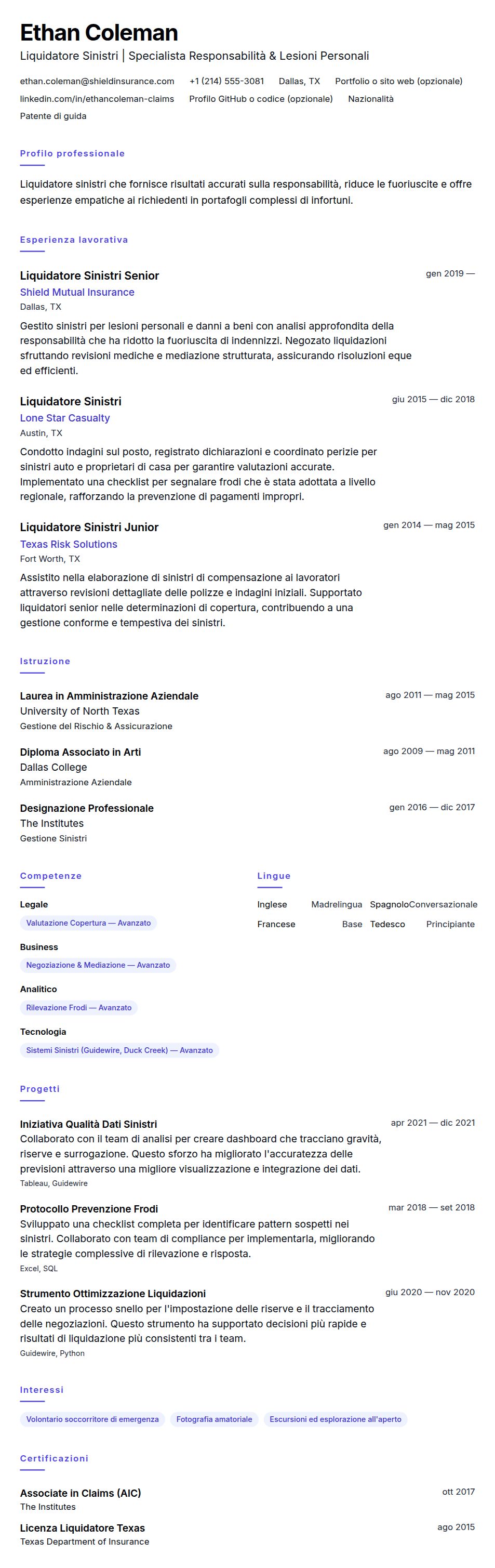 Anteprima del curriculum Esempio di Curriculum Vitae per Liquidatore Sinistri