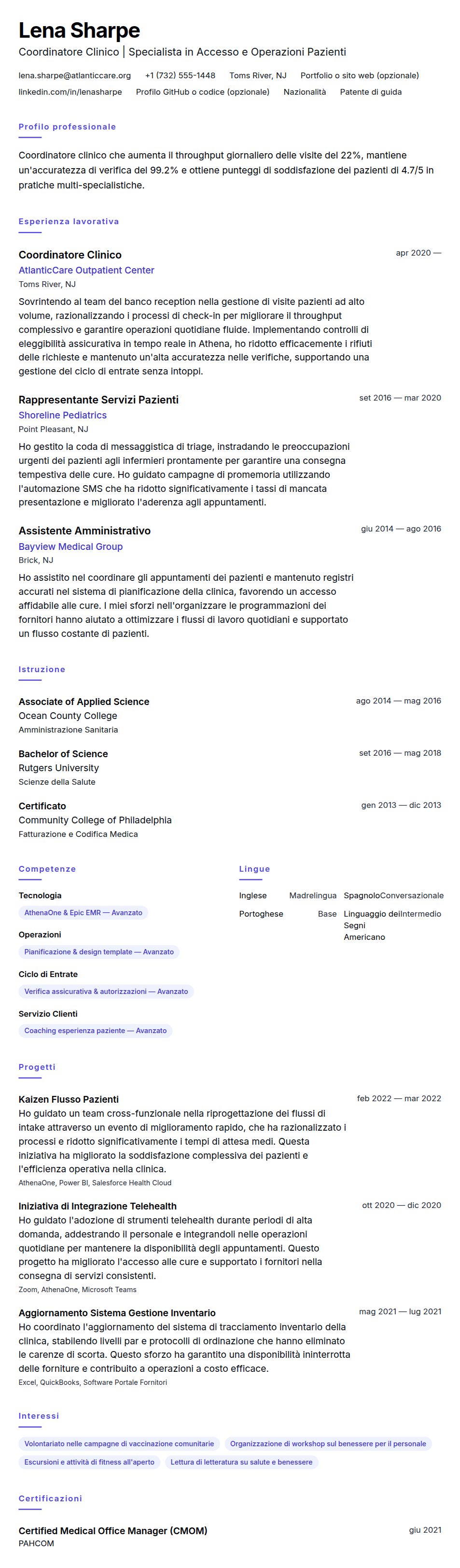 Anteprima del curriculum Esempio di Curriculum Coordinatore Clinico