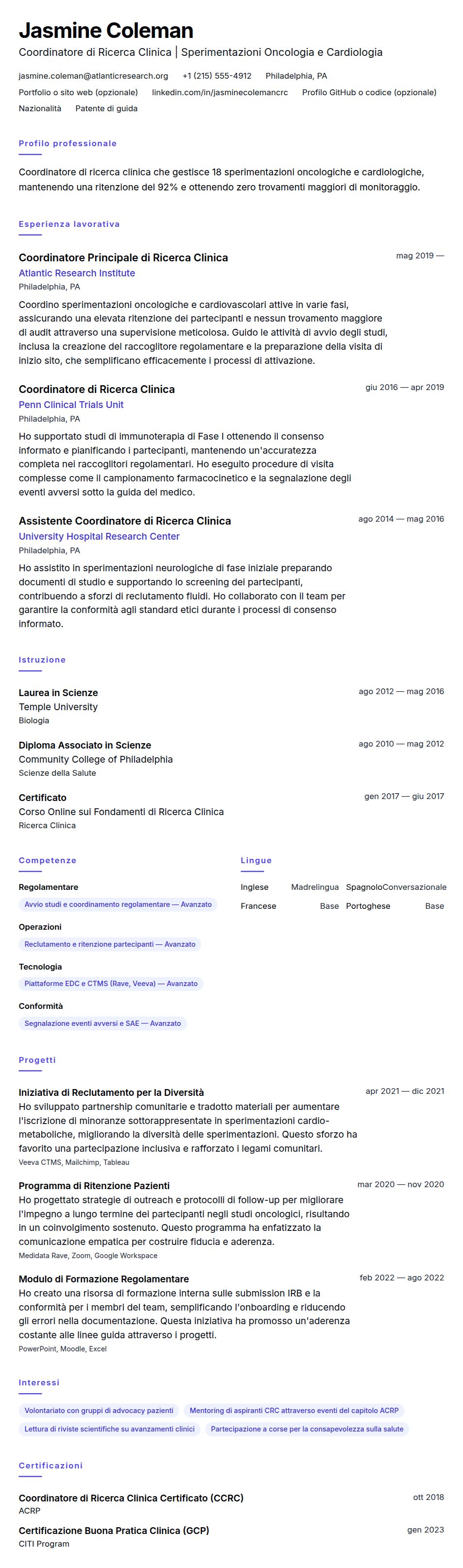Anteprima del curriculum Esempio di Curriculum Vitae per Coordinatore di Ricerca Clinica