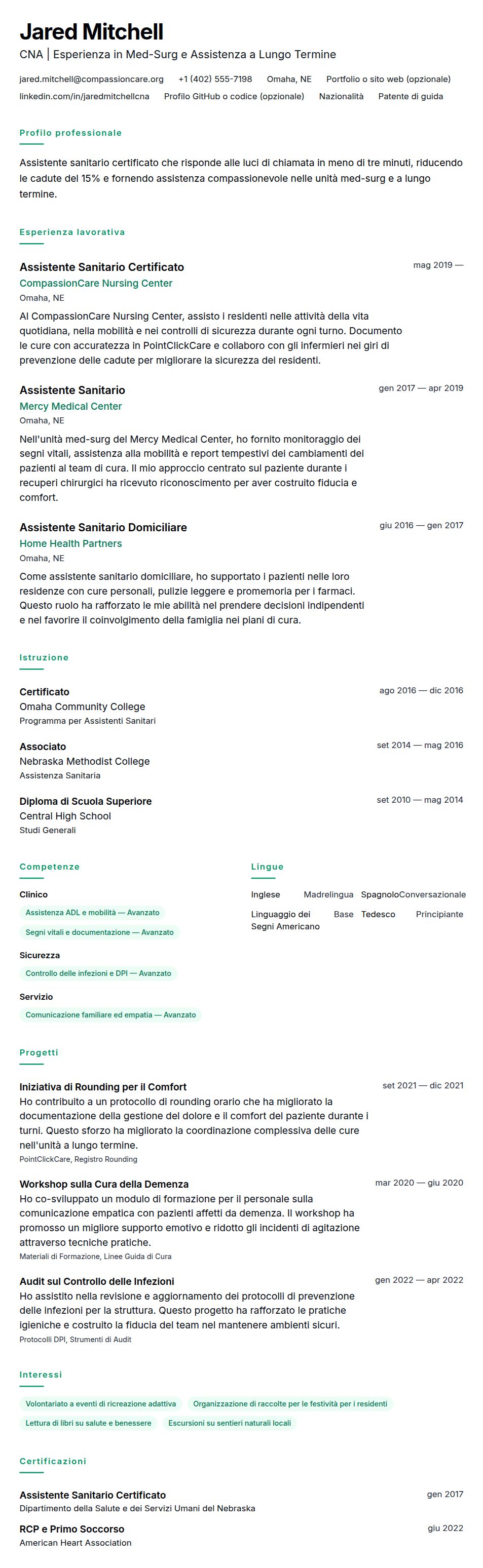 Anteprima del curriculum Esempio di Curriculum Assistente Sanitario Certificato (CNA)