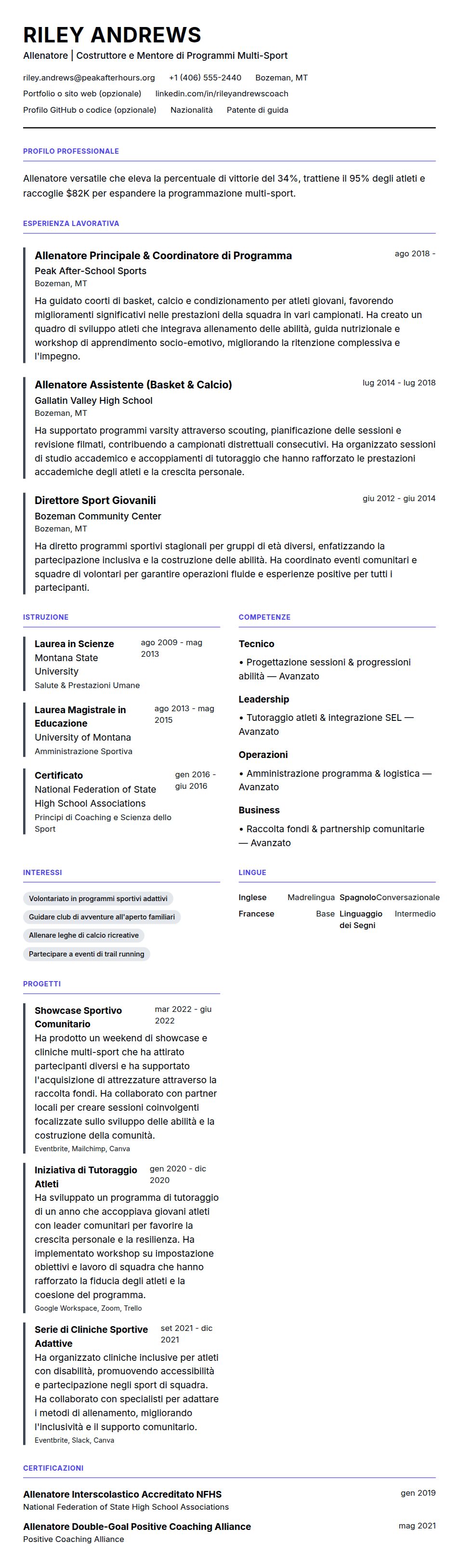 Anteprima del curriculum Esempio di Curriculum Allenatore