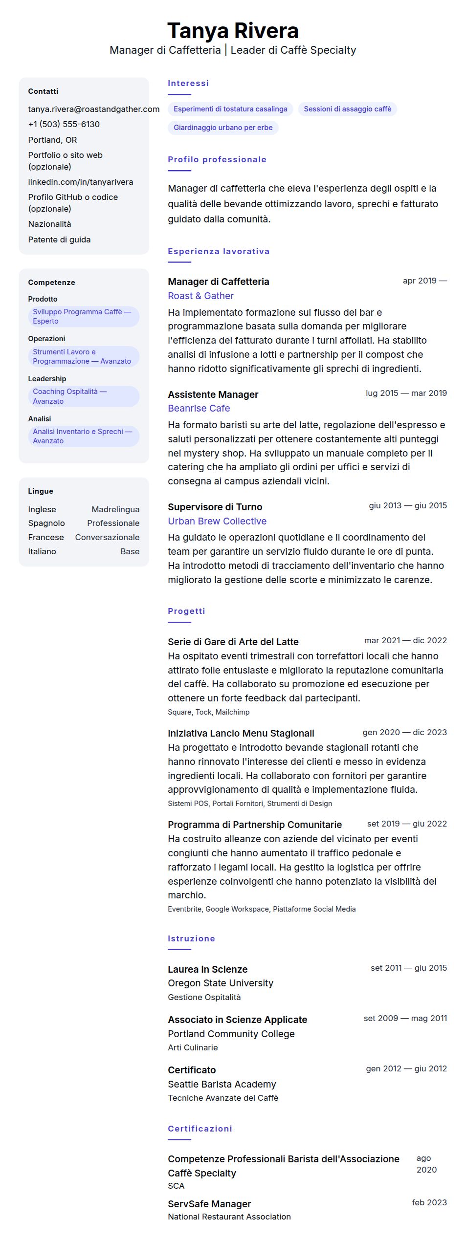 Esempio di Curriculum per Manager di Caffetteria