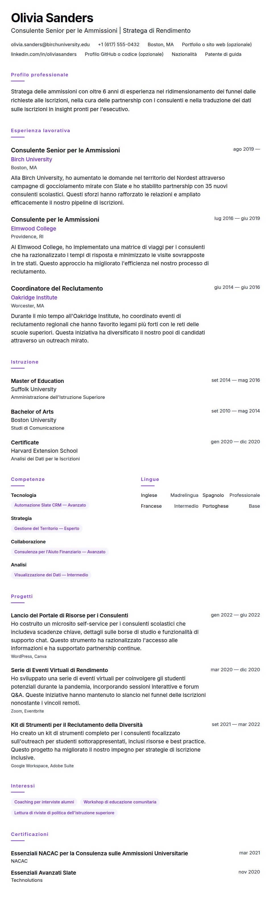Anteprima del curriculum Esempio di Curriculum per Consulente per le Ammissioni Universitarie