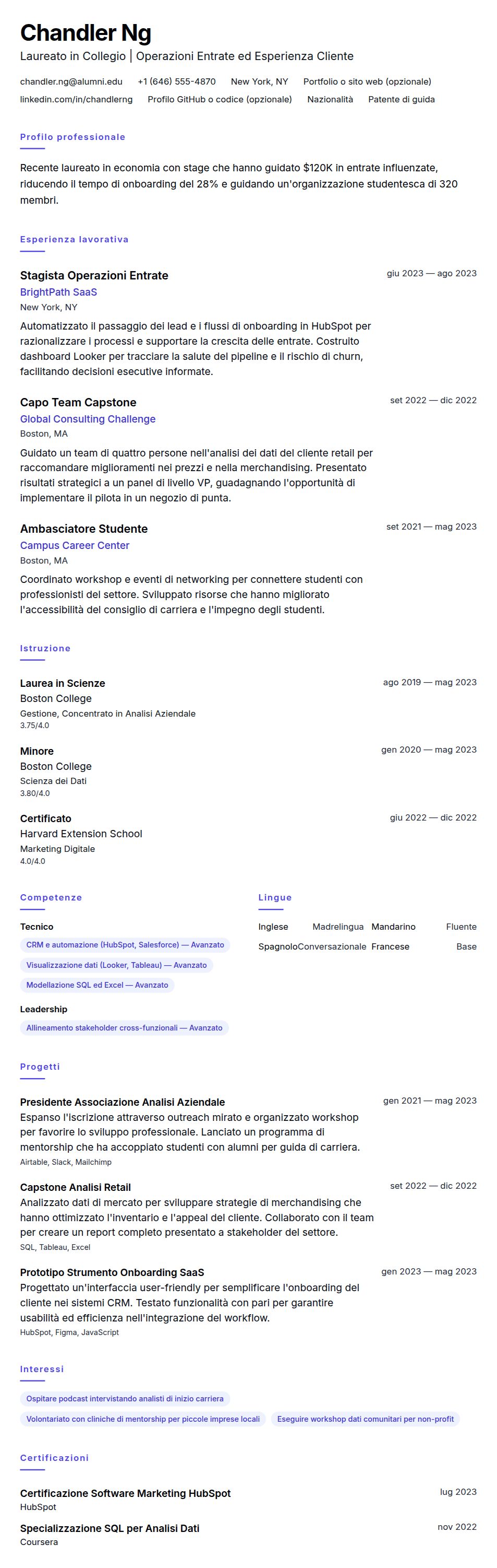 Esempio di Curriculum Vitae per Laureato in Collegio