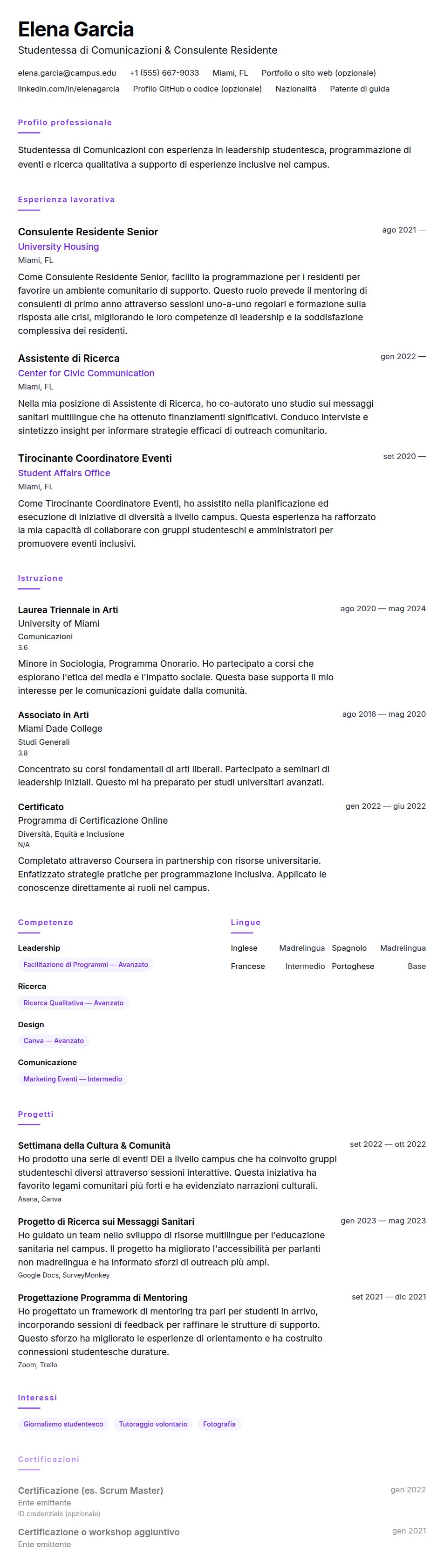 Anteprima del curriculum Esempio di Curriculum Studente Universitario
