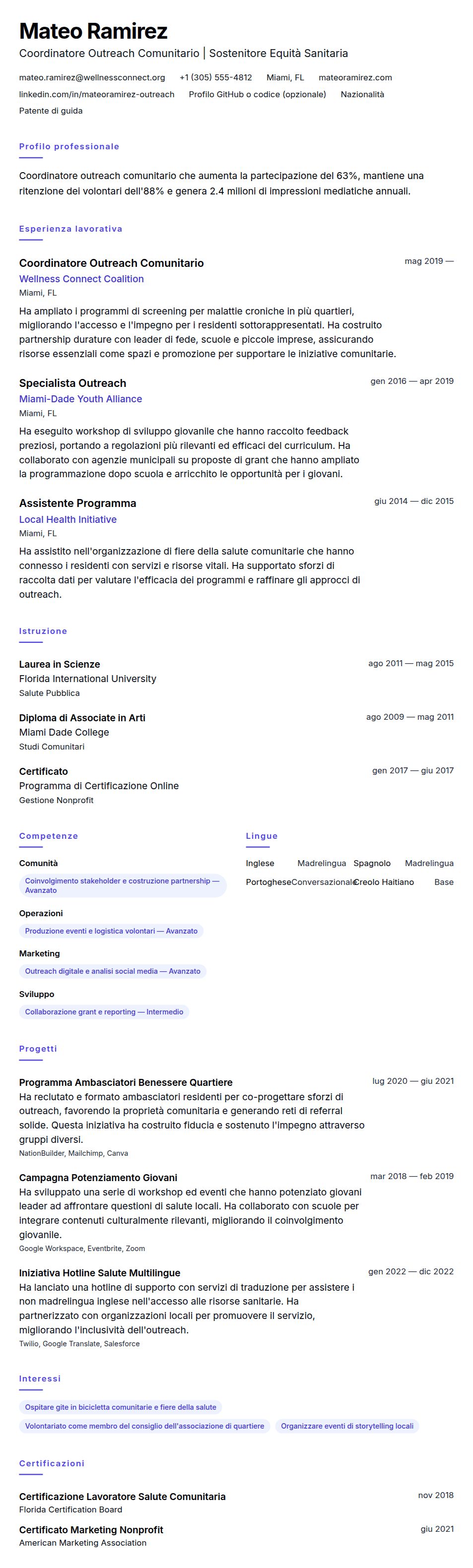 Anteprima del curriculum Esempio di Curriculum Vitae per Coordinatore Outreach Comunitario