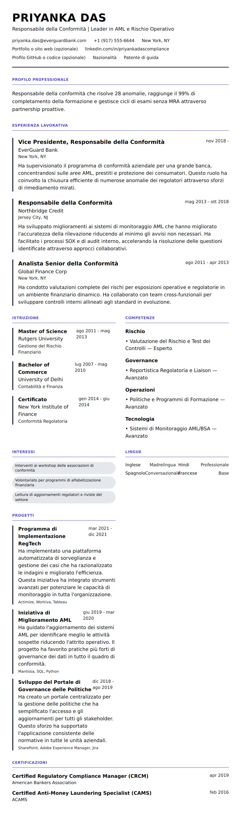 Anteprima del curriculum Esempio di Curriculum Vitae per Responsabile della Conformità
