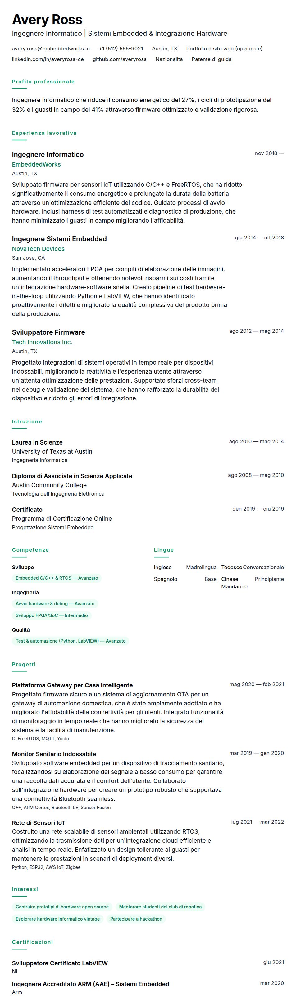 Anteprima del curriculum Esempio di Curriculum Vitae per Ingegnere Informatico