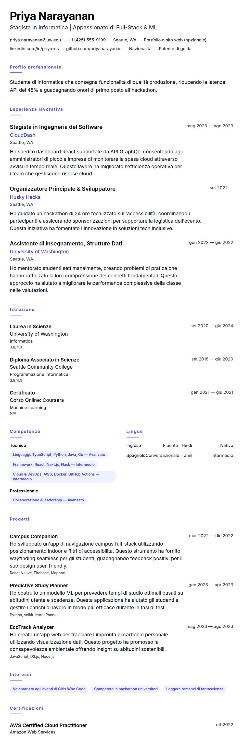 Anteprima del curriculum Esempio di Curriculum per Tirocinio in Informatica