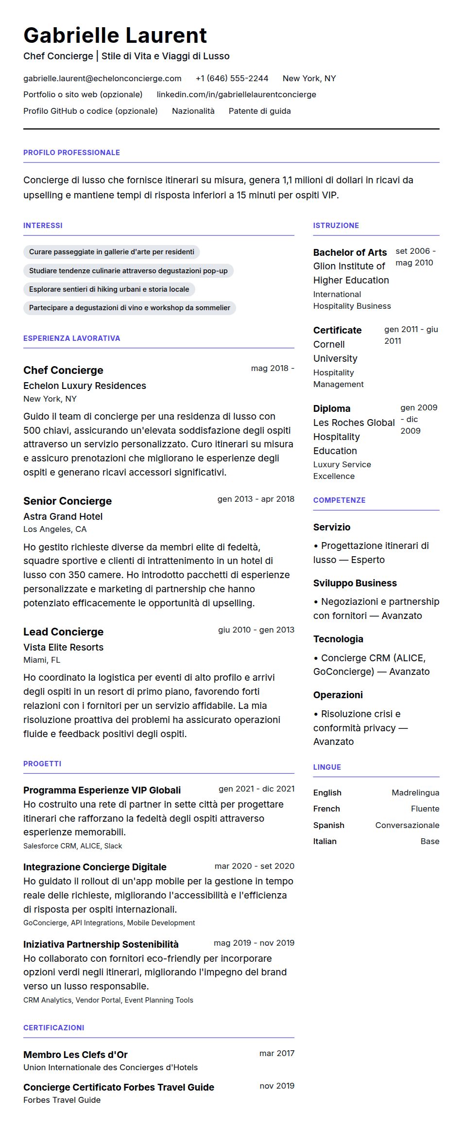 Anteprima del curriculum Esempio di Curriculum Concierge
