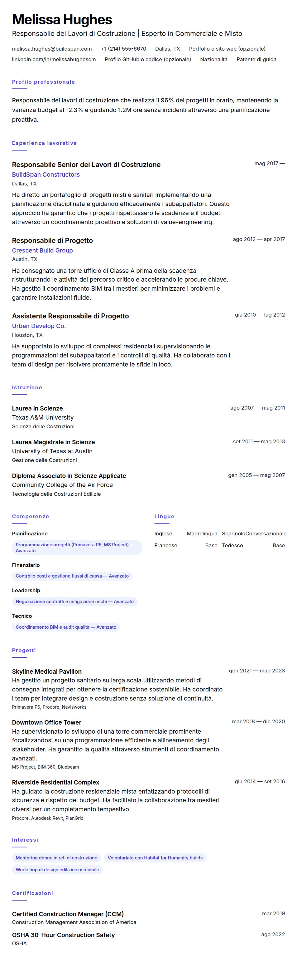 Esempio di Curriculum Vitae per Responsabile dei Lavori di Costruzione