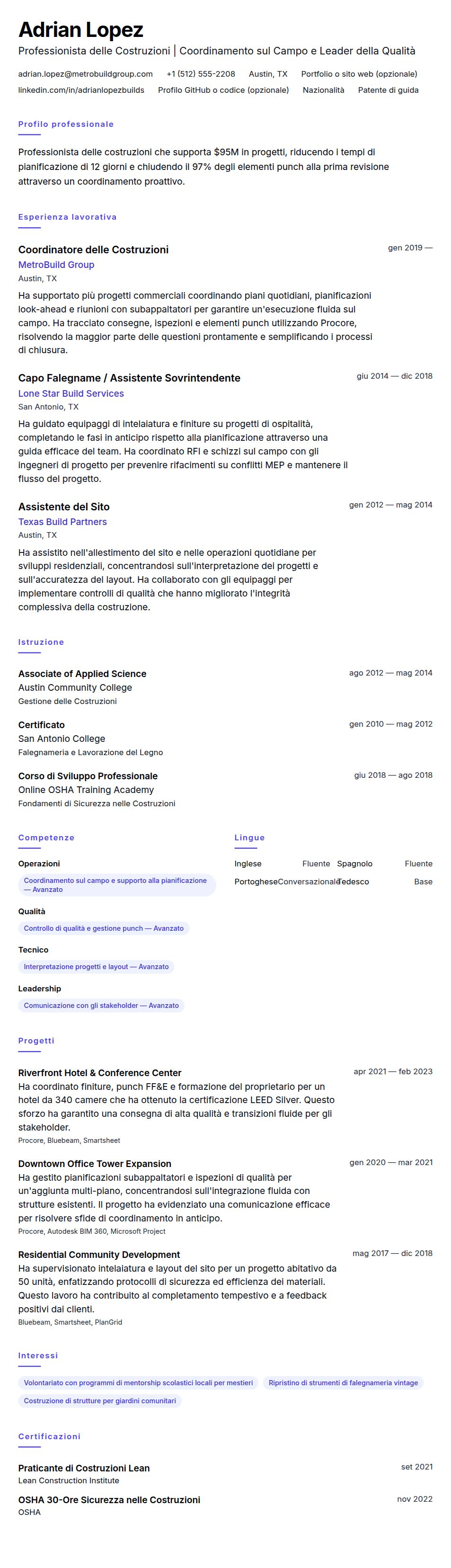 Esempio di Curriculum Vitae per Professionista delle Costruzioni