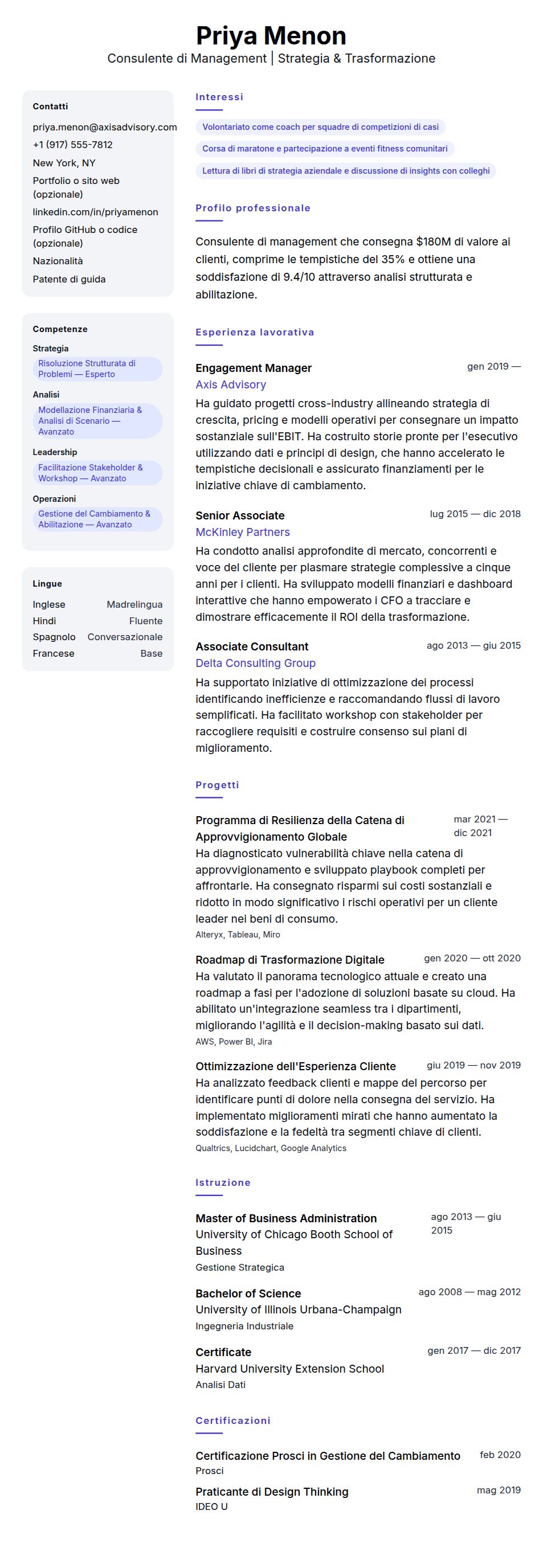 Anteprima del curriculum Esempio di Curriculum Vitae per Consulente di Management