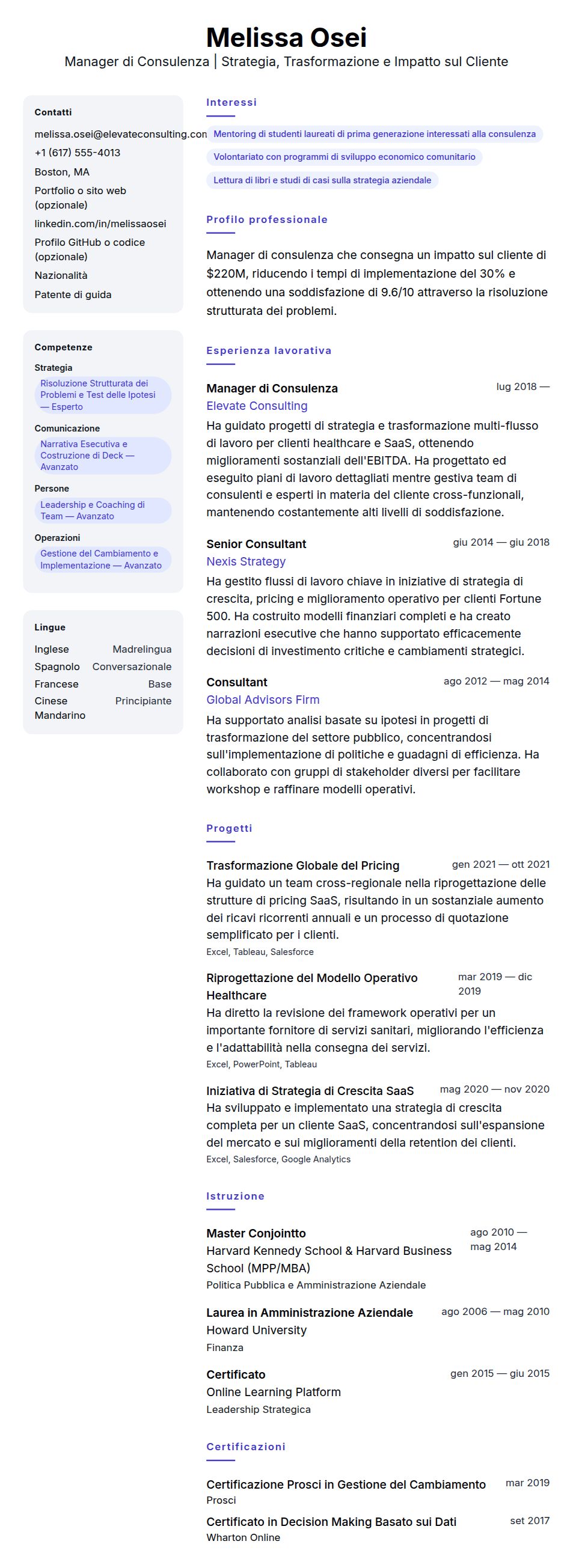 Anteprima del curriculum Esempio di Curriculum Manager di Consulenza