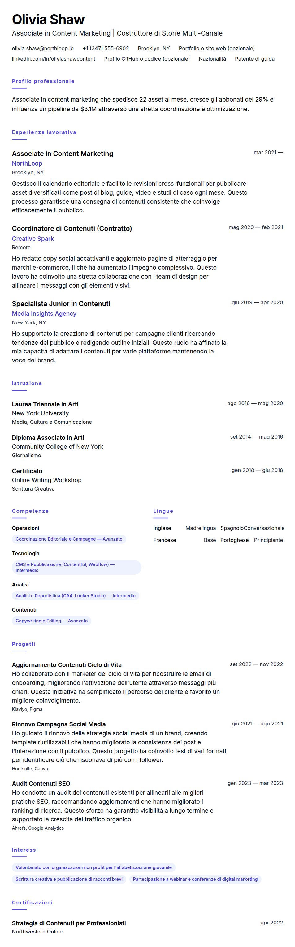 Anteprima del curriculum Esempio di Curriculum per Associate in Content Marketing