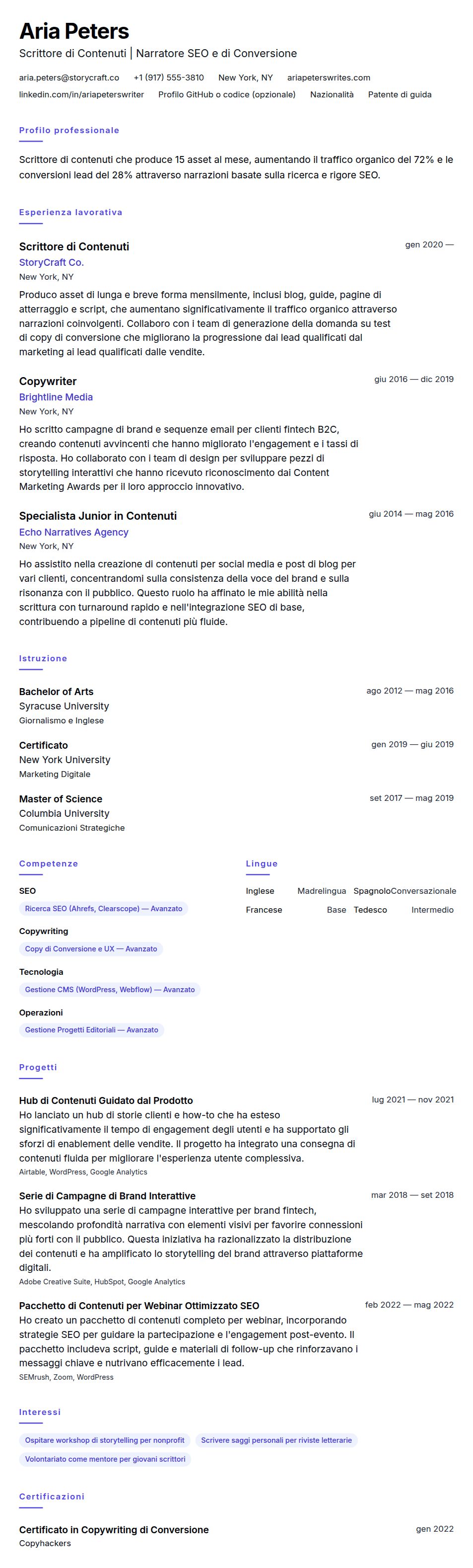 Anteprima del curriculum Esempio di Curriculum per Scrittore di Contenuti