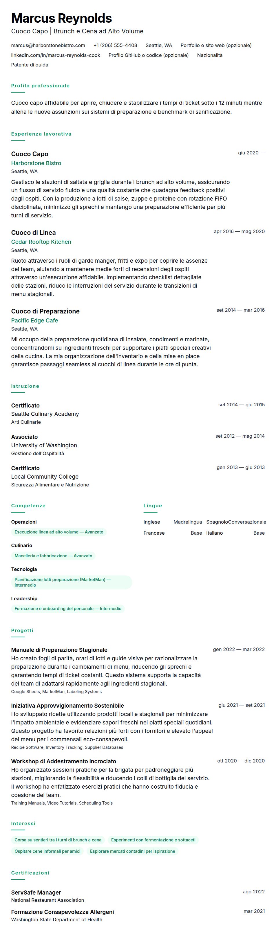 Anteprima del curriculum Esempio di Curriculum Cuoco