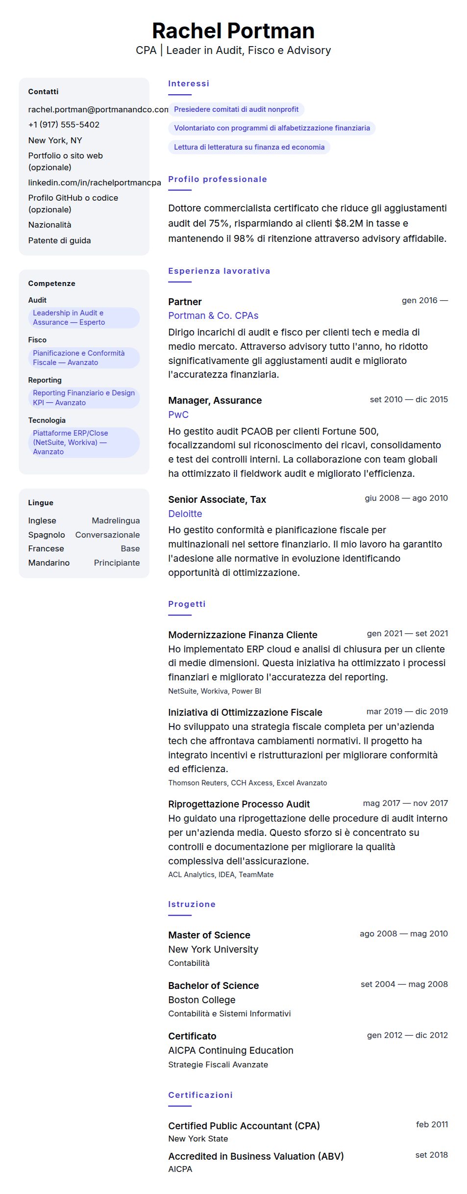 Anteprima del curriculum Esempio di Curriculum Vitae per Dottore Commercialista Certificato