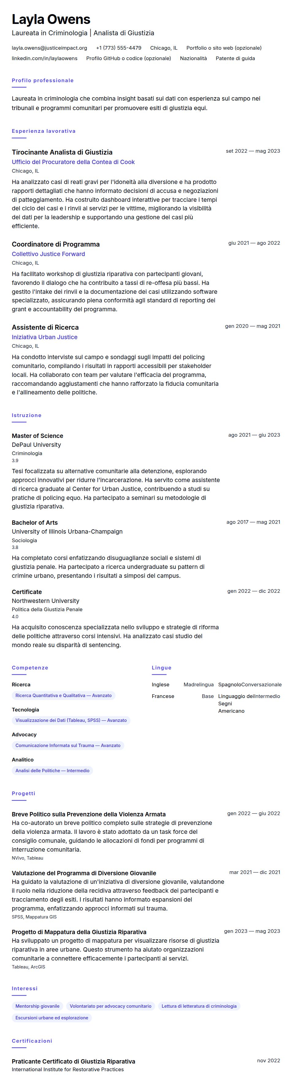 Anteprima del curriculum Esempio di Curriculum Vitae per Laureato in Criminologia