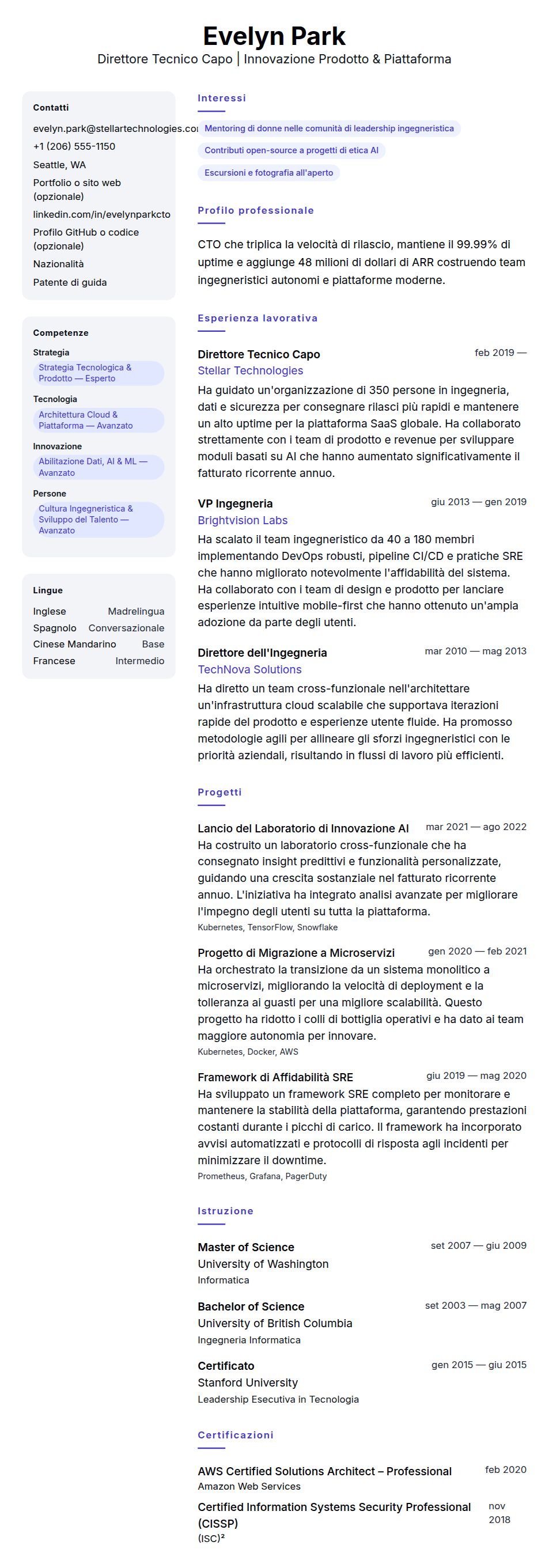 Anteprima del curriculum Esempio di Curriculum Vitae per Direttore Tecnico Capo