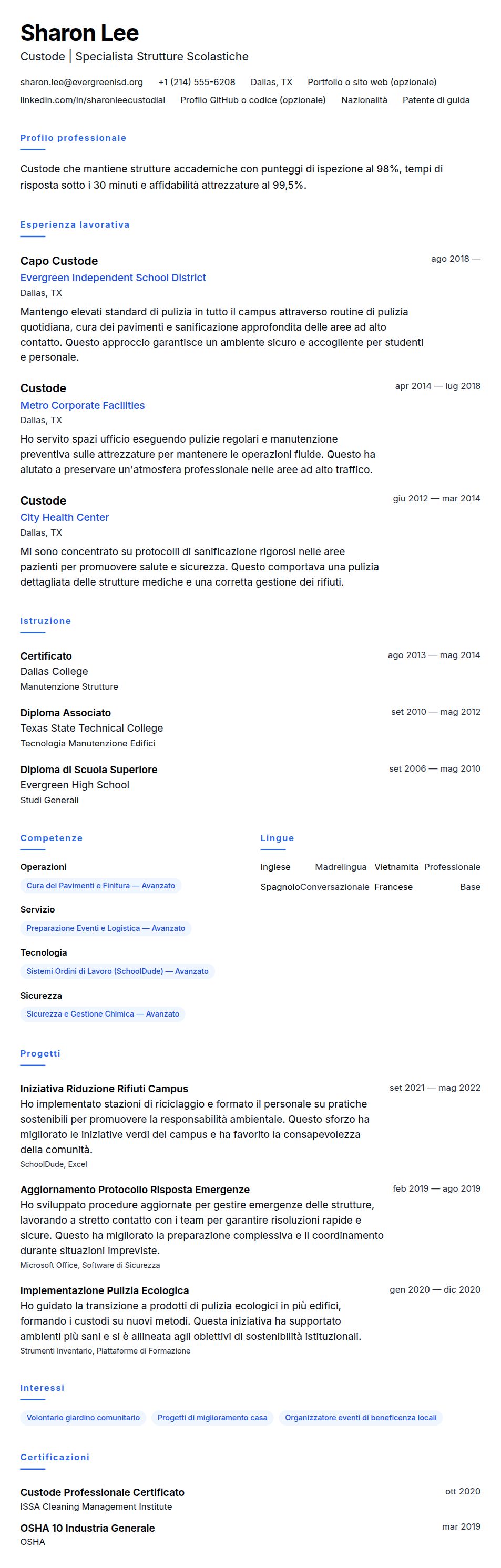 Anteprima del curriculum Esempio di Curriculum per Custode