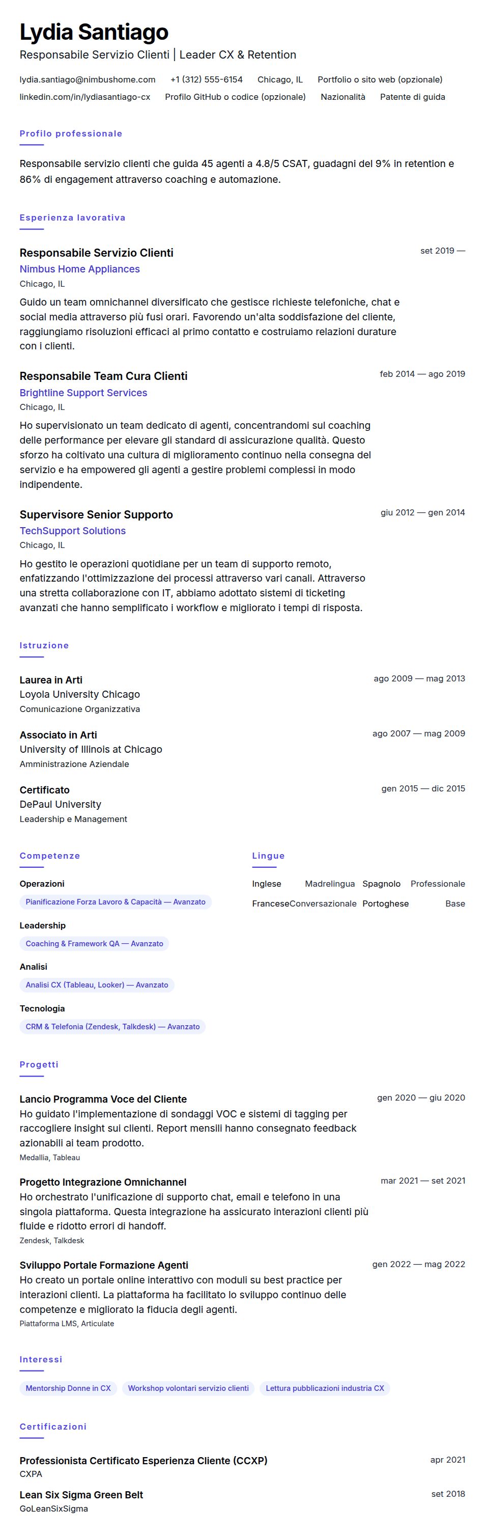 Esempio di Curriculum Responsabile Servizio Clienti