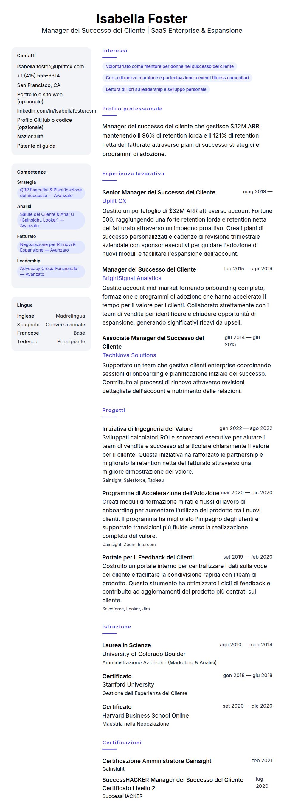 Anteprima del curriculum Esempio di Curriculum Manager del Successo del Cliente