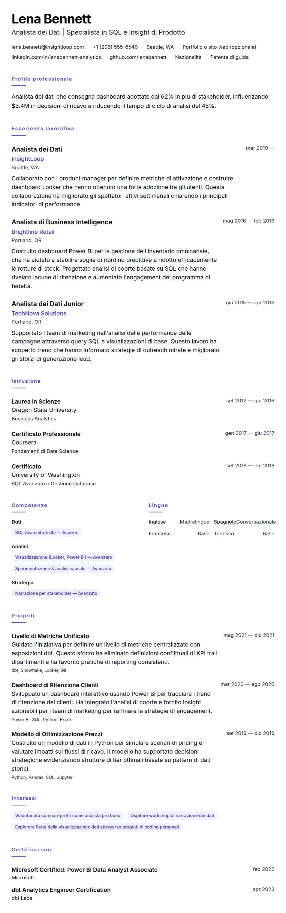 Anteprima del curriculum Esempio di Curriculum Analista dei Dati