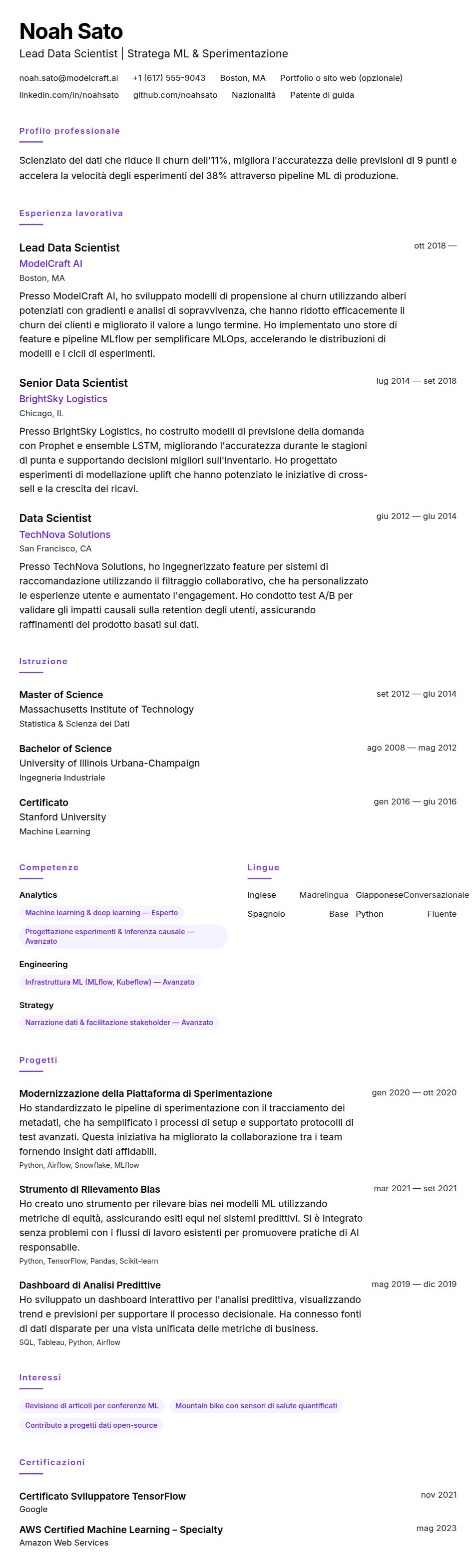 Anteprima del curriculum Esempio di Curriculum Vitae per Scienziato dei Dati