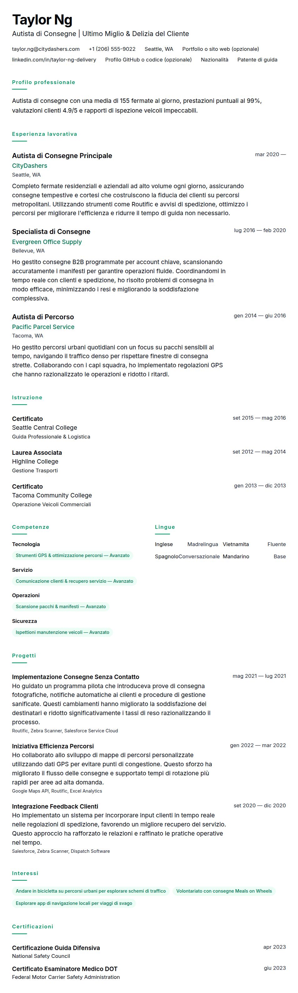 Anteprima del curriculum Esempio di Curriculum per Autista di Consegne