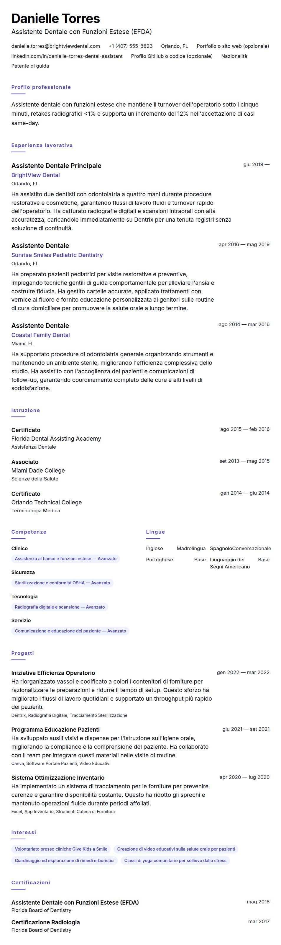 Anteprima del curriculum Esempio di Curriculum Assistente Dentale
