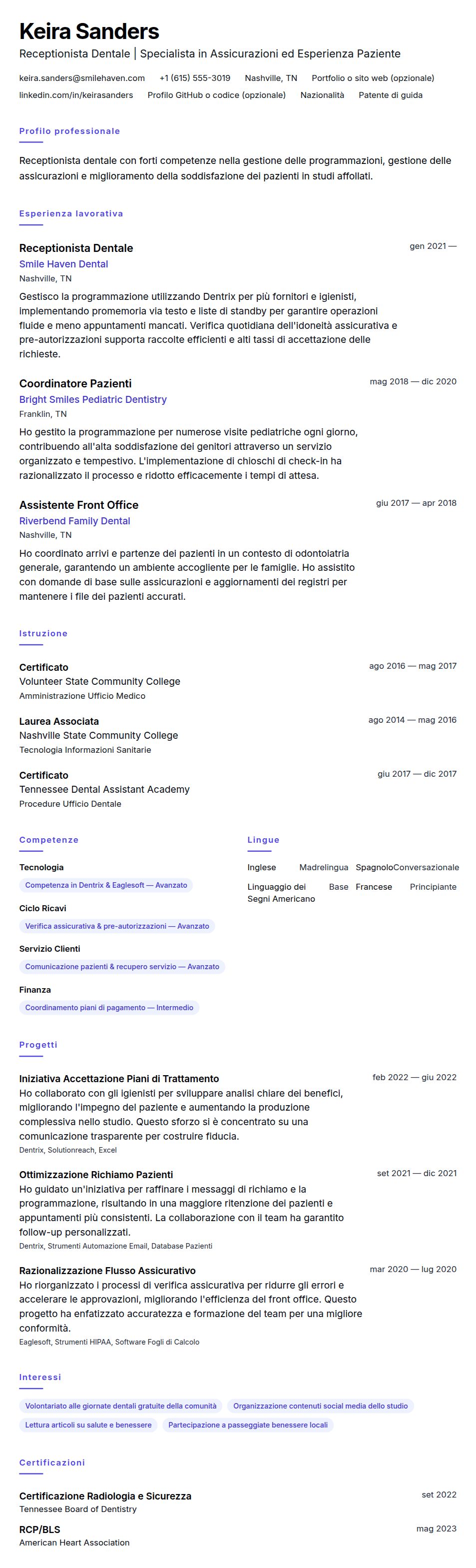 Anteprima del curriculum Esempio di Curriculum Vitae per Receptionista Dentale
