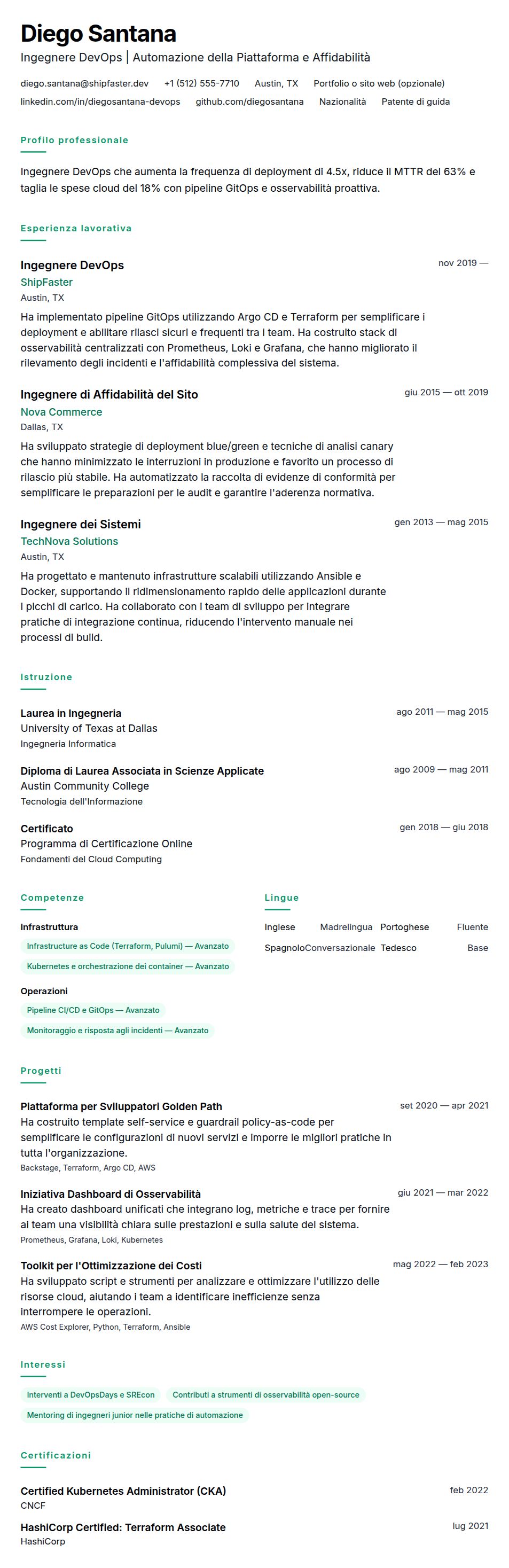 Anteprima del curriculum Esempio di Curriculum Vitae per Ingegnere DevOps