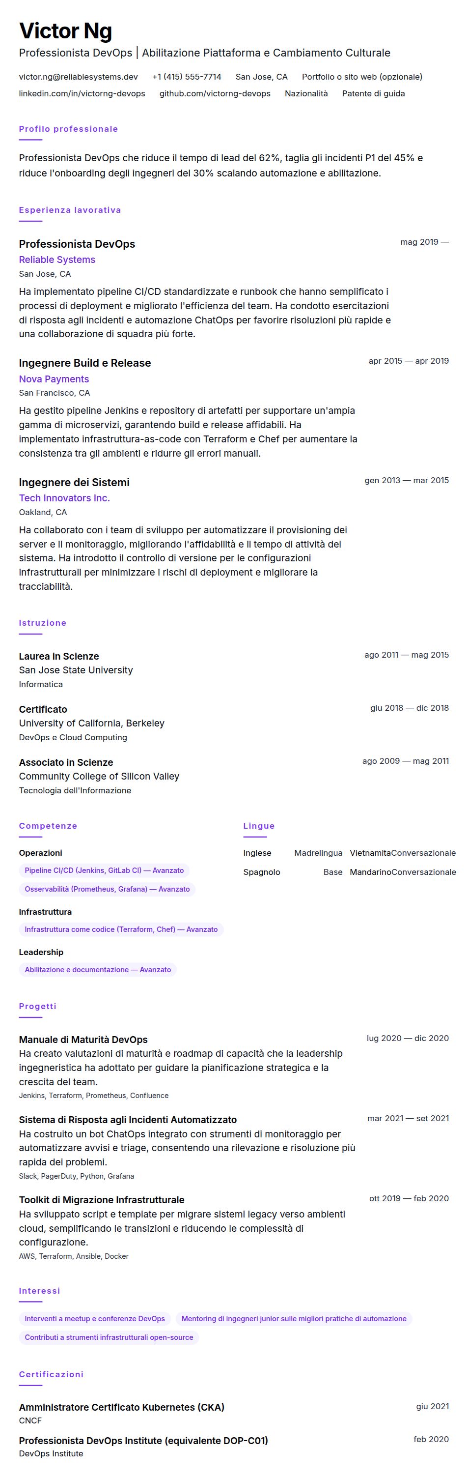 Anteprima del curriculum Esempio di Curriculum Vitae per Professionista DevOps