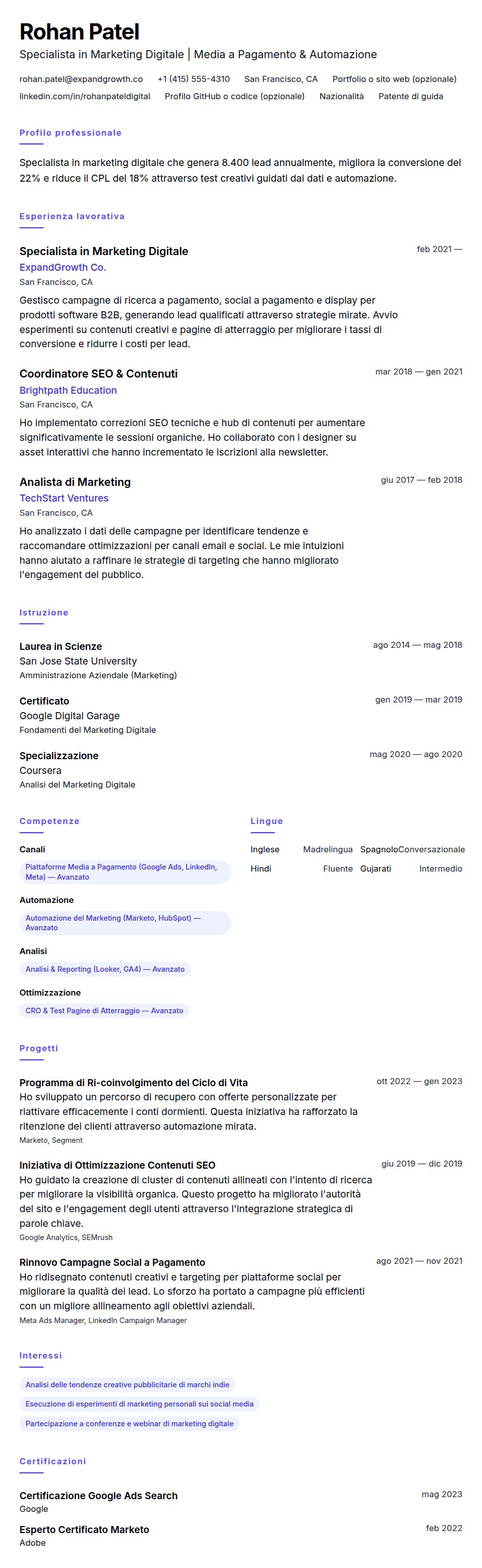 Anteprima del curriculum Esempio di Curriculum Specialista in Marketing Digitale