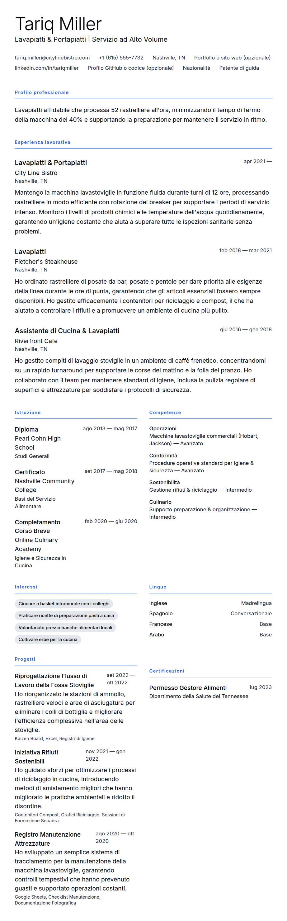 Anteprima del curriculum Esempio di Curriculum Vitae per Lavapiatti