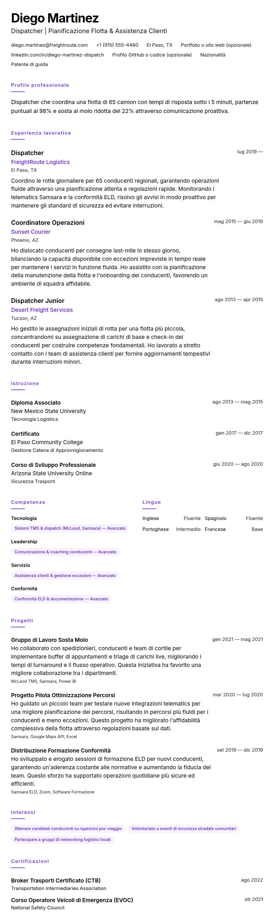 Esempio di Curriculum Dispatcher