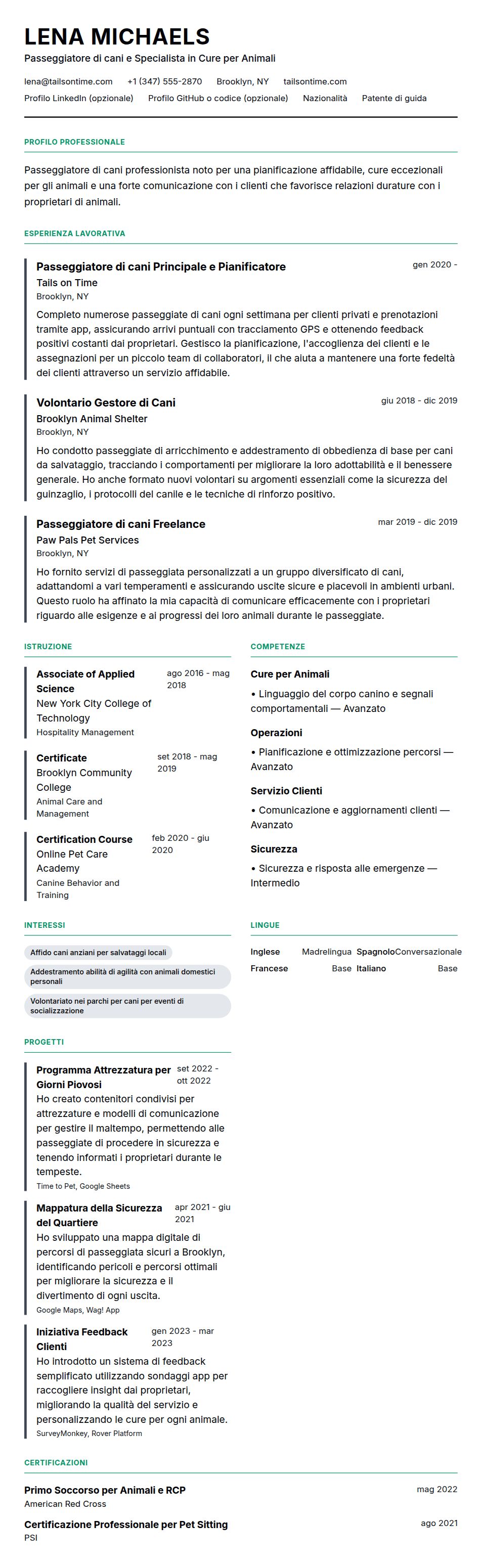 Anteprima del curriculum Esempio di Curriculum per Passeggiatore di cani