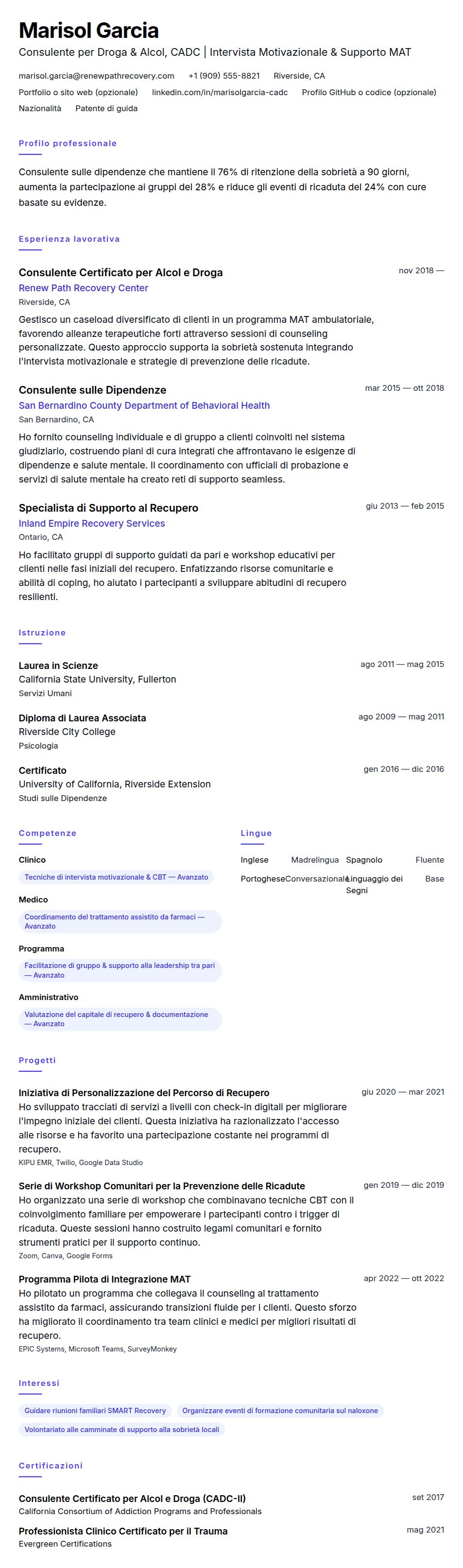 Anteprima del curriculum Esempio di Curriculum Vitae per Consulente per Droga e Alcol