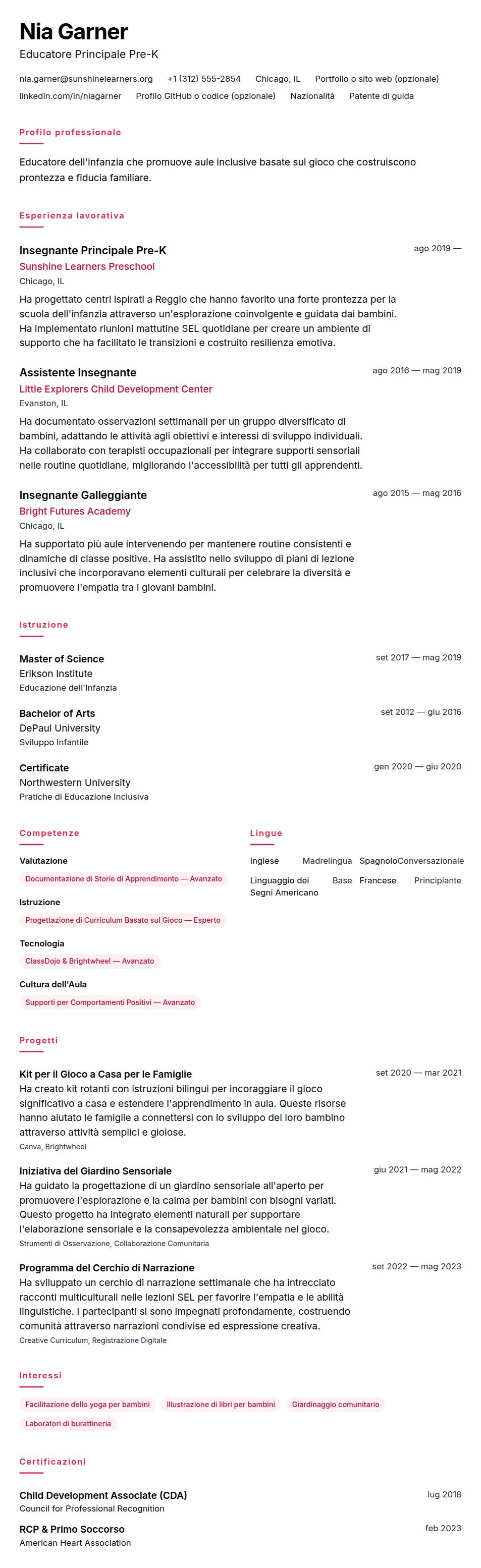 Anteprima del curriculum Esempio di Curriculum per Educatore dell'Infanzia