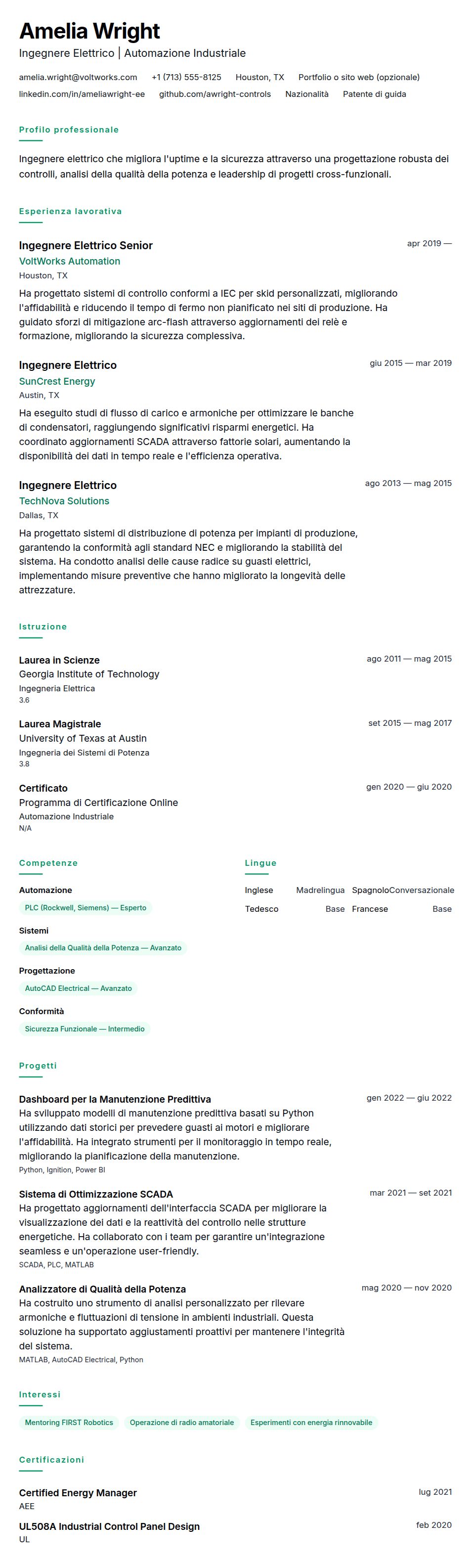 Esempio di Curriculum per Ingegnere Elettrico