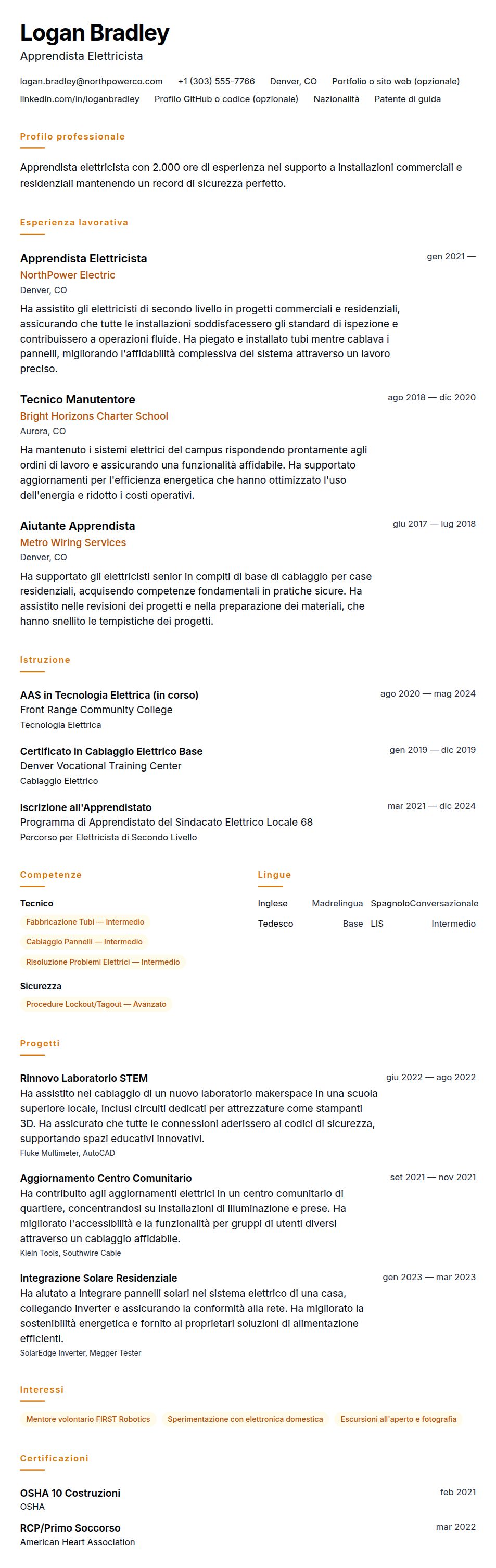 Anteprima del curriculum Esempio di Curriculum Apprendista Elettricista