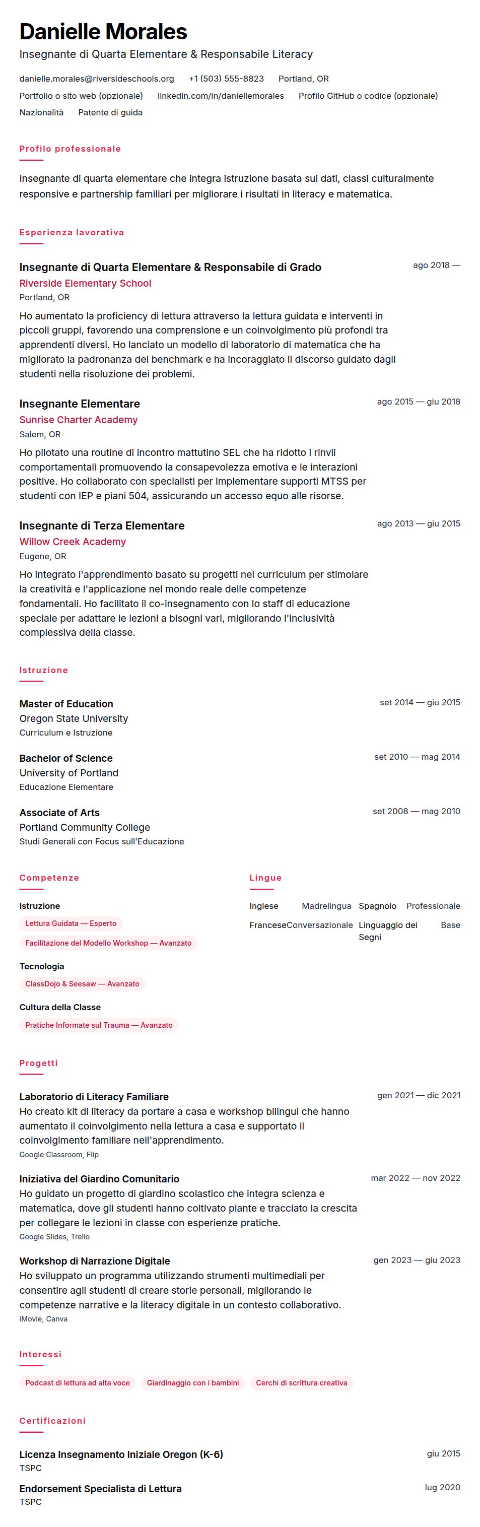 Anteprima del curriculum Esempio di curriculum vitae per insegnante di scuola elementare
