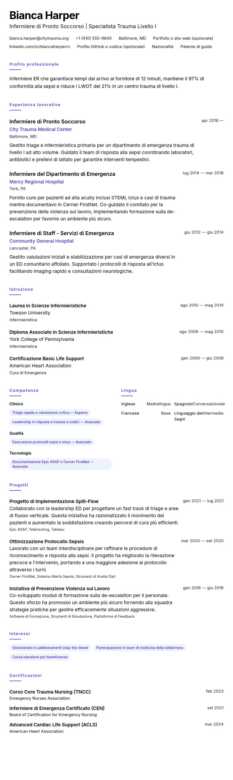 Anteprima del curriculum Esempio di Curriculum per Infermiere di Pronto Soccorso (ER)