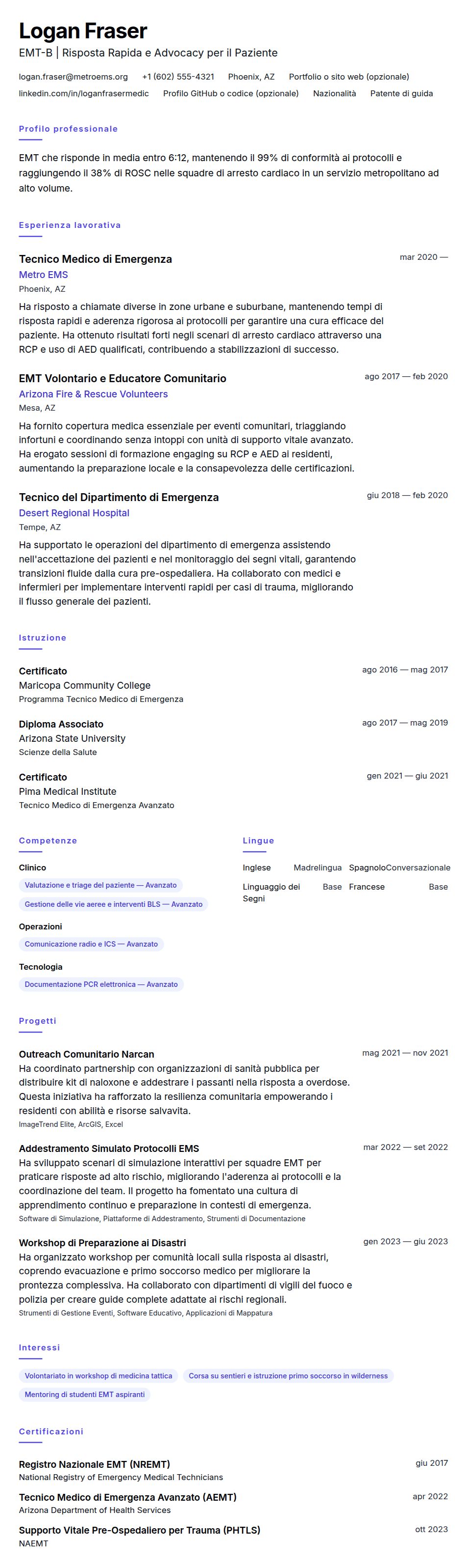 Anteprima del curriculum Esempio di Curriculum per Tecnico Medico di Emergenza (EMT)